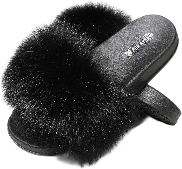 Women's Furry Slides Faux Fur Slides Fuzzy Slippers Fluffy Sandals Outdoor Indoor