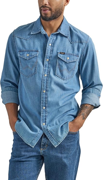 Wrangler Men's Denim Light Wash Long Sleeve Snap Shirt