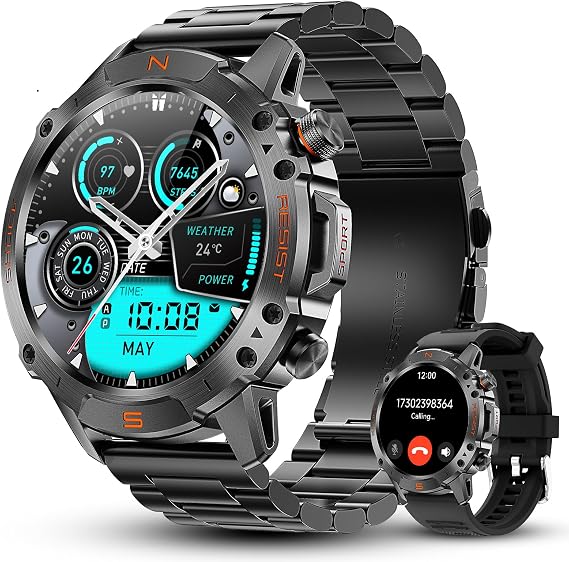 Rugged Smart Watch for Men, 5ATM Waterproof, 170+ Sports Modes, 1.43" AMOLED Round Health Fitness Tracker Watch, Tactical Military Smartwatch Compatible with iPhone Android, Stainless Steel Metal Band