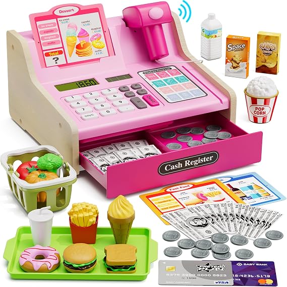 Wee Wonders Wooden Cash Register for Kids with Real Calculator,Color | Rechargeable Cash Register Toy with Scanner/Play Money/Food/Credit Card/Menu, Pretend Play Toys Gifts for Boys Girls Ages 3-8