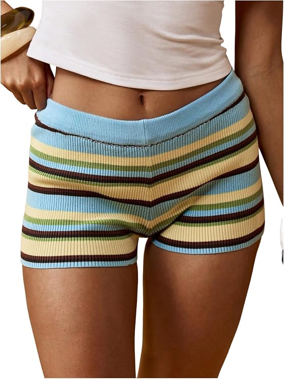 OYOANGLE Women's Y2K Summer Casual Knit Crochet Micro Striped Mini Shorts