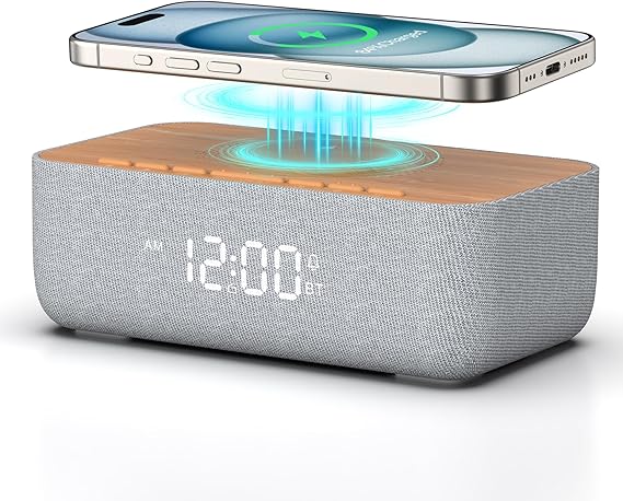 REACHER Alarm Clock Radio with Wireless Charging, Fast Magnetic Charging for Phone/iPhone, Bluetooth Speaker, FM Radio, Dimmable Digital Clock for College Dorm, Bedroom, Bedside, Desk