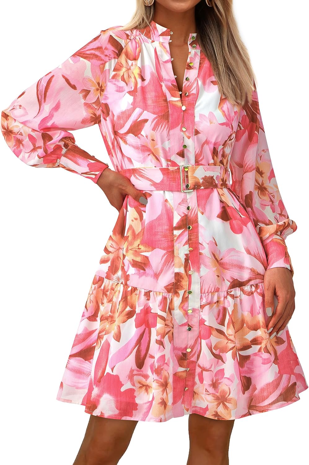 MASCOMODA Fall Dresses for Women 2024 Elegant Long Sleeve Button Short Floral Dress Chiffon A-Line Tie Waist Flowy Mini DressPink Rust Red Floral,Medium