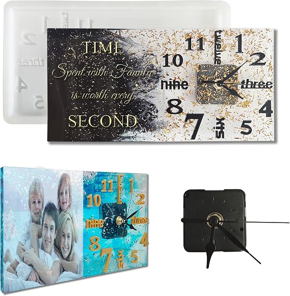 DIY Clock Molds Large Clock Resin Molds,3D Arabic and English Numers Personalization Clock Silicone Casting Epoxy Resin Photo Display Stand for Home Decor,1 Black Movement + 1 Silicone Molds Include