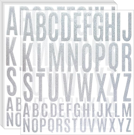 10 Sheet 520 Pieces Self Adhesive Glitter Letters Stick on Letters Capital Letter Stickers Alphabet Sticker Letter for Classroom Decor, Office, Business (Silver, 1 Inch, 2 Inch)