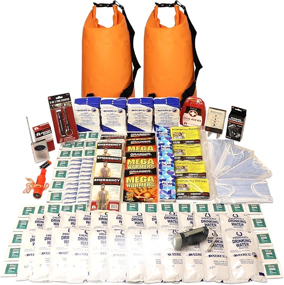 4-Person, 72 Hour Necessity Dry Bag Survival Kit, with Food, Water, Tools | 44 pc First Aid, Emergency Radio, Squeeze Flashlight, Mylar Blankets, Food & Water, Water Purification Tablets, Body Warmers