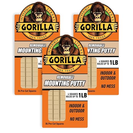 Gorilla Removable Mounting Putty, Reusable Tack, 84 Squares (Pack of 3)