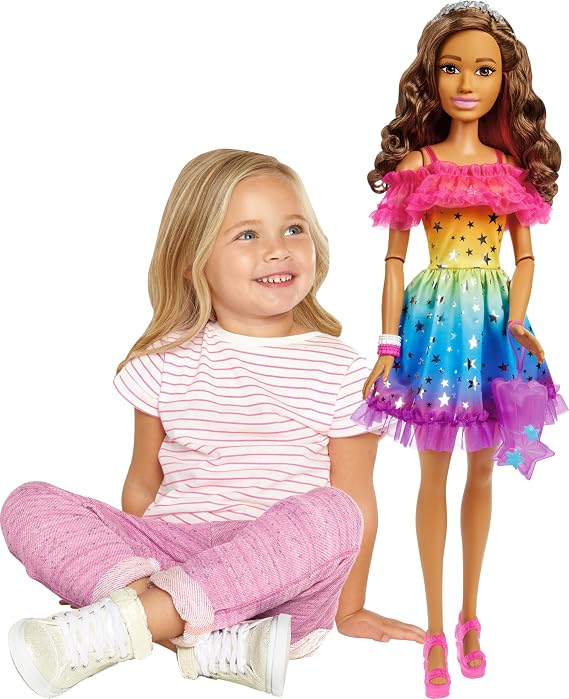 Barbie Large Doll with Brown Hair, 28 Inches Tall with Rainbow Dress & Styling Accessories Like Shooting Star Handbag