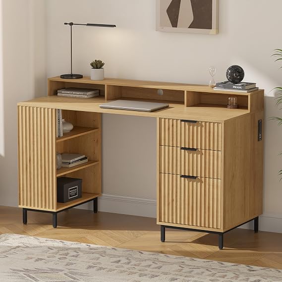 EYYTHUNG Fluted Executive Desk with Charging Station, 55" Office Desk, Natural Oak