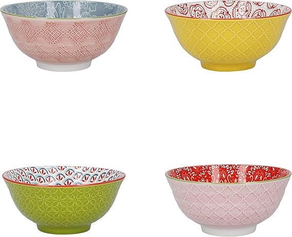 KitchenCraft Patterned Cereal Bowl Set of 4 in Gift Box, Ceramic Serving Bowls Ideal for Ice Cream, Soup and More,#39;Brights' Designs, 15cm