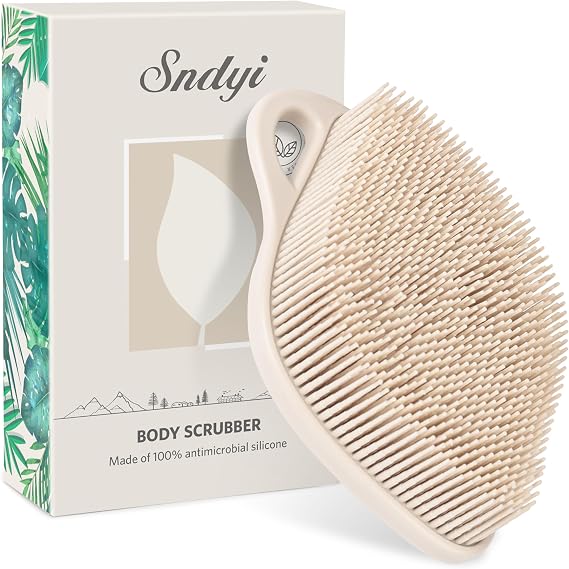 Sndyi Silicone Body Scrubber, Gentle Exfoliating Shower Scrubber for Sensitive Skin, Leaf Shaped Silicone Loofah Body Brush with Lathering Bristles, Oatmeal
