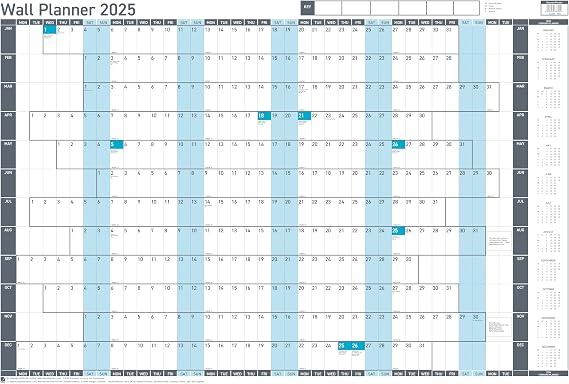 Sasco 2025 Value Yearly Wall Planner Set, Board Mounted Whiteboard Style Dry Erase Calendar, Large Wall Planner, Blue, 915 x 610mm, 2410259