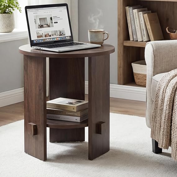 Round End Table with 2-Tier Storage, 19.5" Side Table, Walnut