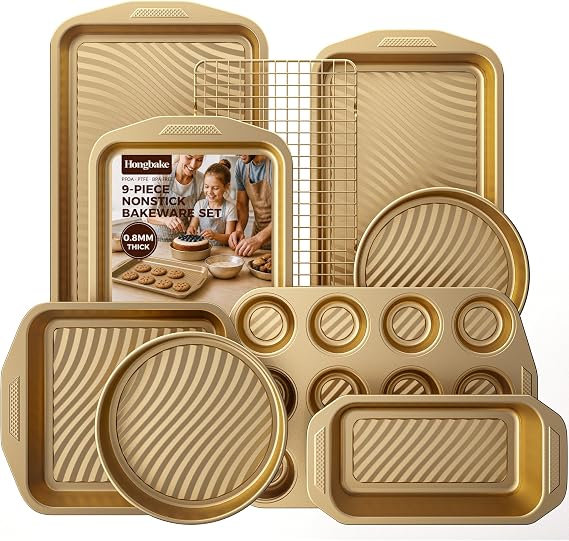 9-Piece Nonstick Bakeware Set, Non-Toxic Baking Pans Set, Gold