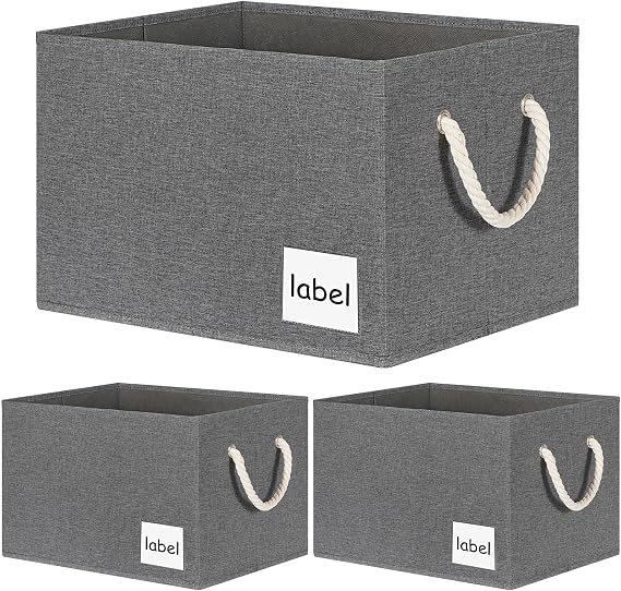 Large Storage Baskets for Shelves 3 Pack, Fabric Storage Bins with Label, Foldable Closet Storage Bins for Shelves with Handles (15"x11"x9.6", Grey)