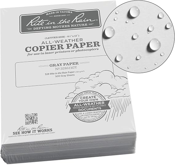 Rite In The Rain Weatherproof Laser Printer Paper, 8 1/2" x 11", 32# Gray Colored Printer Paper, 500 Sheet Pack (No. 328511GY)