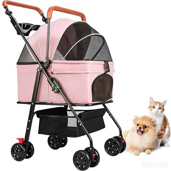 Pet Stroller for Medium Small Dogs/Cats - 4 Wheels Foldable Dog Stroller with Storage Basket,Dog/Cat Carrier,Adjustable Handle,Folding Puppy Carrier Suitable for Traveling with Cats and Dogs (Pink)