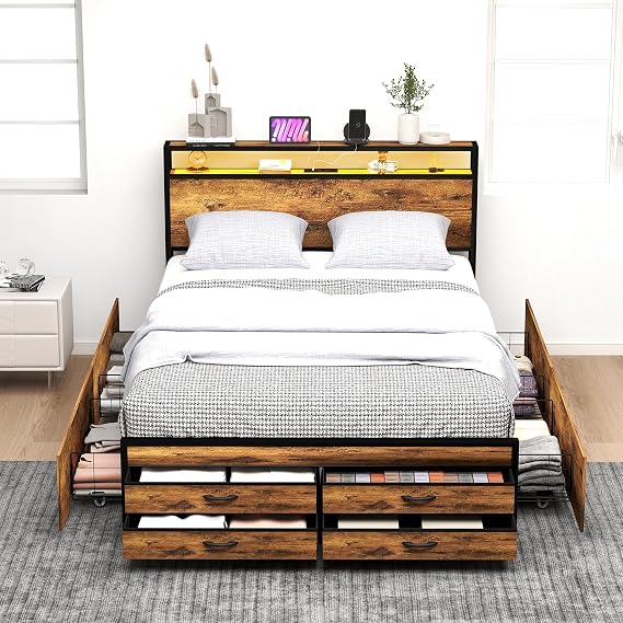 Zevemomo Queen Bed Frame with 8 Storage Drawers, Rustic Brown