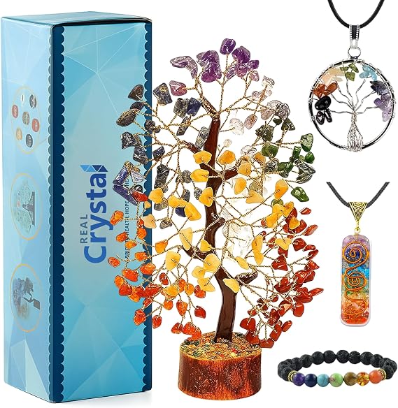 7 Chakra Healing Crystal Gift Set - Premium 300-Bead Gemstone Money Tree, Protection Bracelet & 2 Pendant Necklaces - Complete Feng Shui Meditation Kit for Home Decor, Good Luck & Spiritual Healing