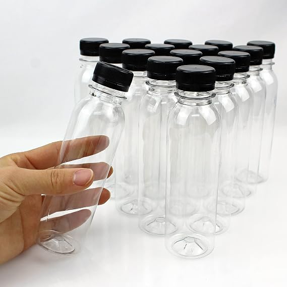 16 Pack Clear Juice Bottles,150ml Reusable Empty Plastic Bottles with Lids for Juice Milk Water and Other Beverages (Black)
