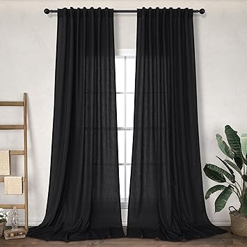 DANCURTON Black 100% Blackout Linen Curtains and Black Linen Sheer Curtains 108 Inch Length
