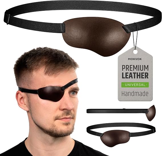 Brown Leather Eye Patch, Concave 3D Design for Adults, Adjustable Strap