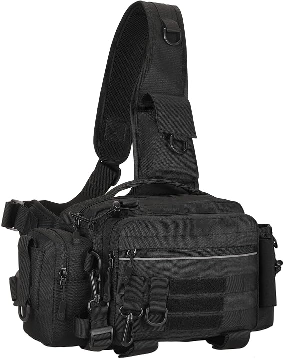 YuanWen Tactical Fishing Tackle Bag Multi-Functional Durable Water-Resistant Waist and Crossbody Bag with Rod Holder and MOLLE System for Outdoor Fishing Hiking and Travel