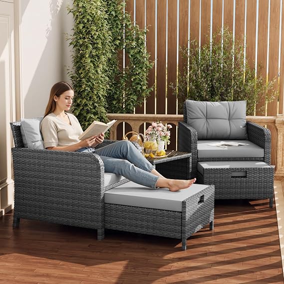 LHBcraft 5 Piece Patio Furniture Set, PE Wicker Outdoor Furniture Set with Soft Cushions & Coffee Table, Outdoor Lounge Chairs with Ottoman for Porch, Lawn, Balcony, Mix-Grey