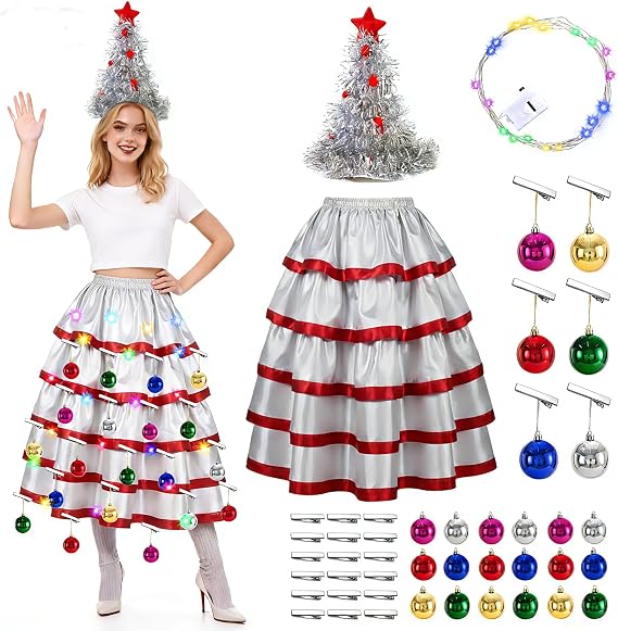 Christmas Tree Costume Set for Women Christmas Novel Outfit Xmas Skirt with Hat Accessories Set for Festive Party Dess Up