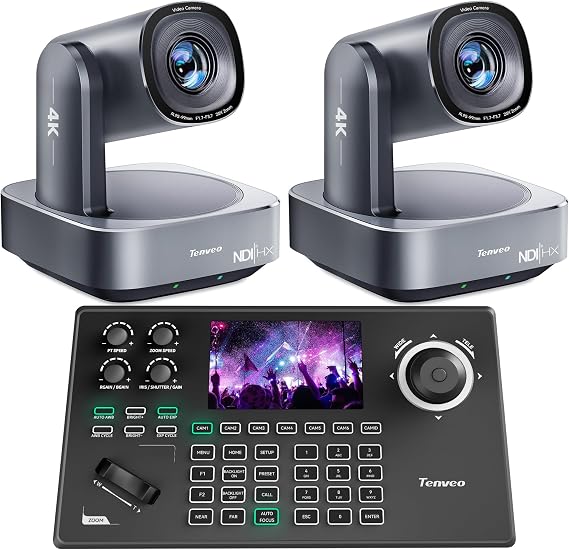 Tenveo 4K PTZ Camera and Controller Bundle/Kits - 20X AI Tracking HDMI/USB3.0/LAN(PoE) 4K NDI PTZ Camera(2PCS) and 5'' LCD Screen NDI Joystick Controller for Church Service Events Live Streaming