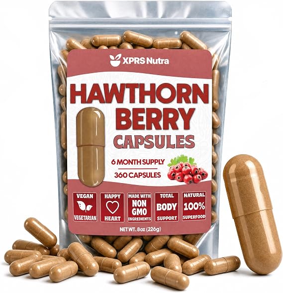 XPRS Nutra Hawthorn Berry Capsules - 360 Count (6 Month Supply) of Premium Hawthorne Berry Capsules for Cardiovascular Support - Vegan Friendly Hearth Health Supplement