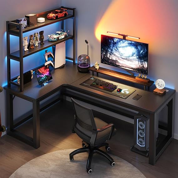 Desk, Computer Desk, With Rack, Gaming Desk, 47.2 inches 120 cm, Desk, L-Shaped Computer Desk, PC Desk, With Rack, Corner Gaming Table, Double Computer Desk, Desktop Home Desk, Bookshelf