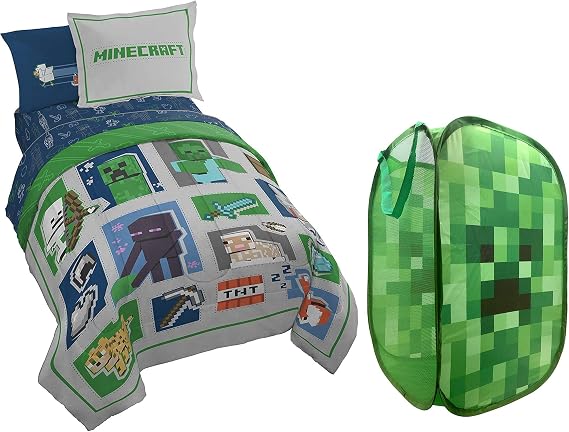 Jay Franco Minecraft Patchwork Twin Bed Set and Creeper Pop Up Hamper Bundle