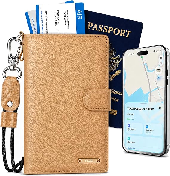 Trackable Passport Holder for Travel, RFID Blocking Wallet, Brown