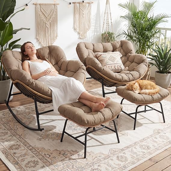 RADIATA 2 PCS Rocking Egg Chair w/Ottomans, Oversized Rocking Lounge Chair