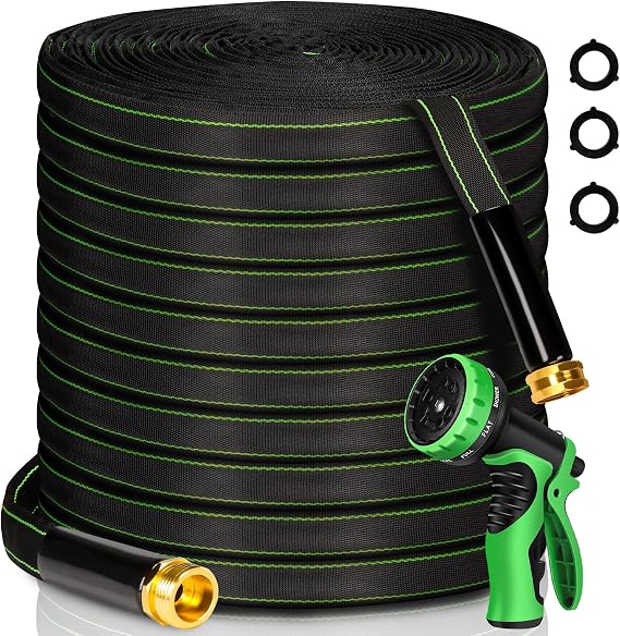 Garden Hose 100 ft Water Hose Flexible Heavy Duty Outdoor Lightweight No Kink Long Non-Expandable High Pressure Flat Hoses Pipe 100 Strong 3/4 Brass Fitting for Outside Yard Lawn Car Wash