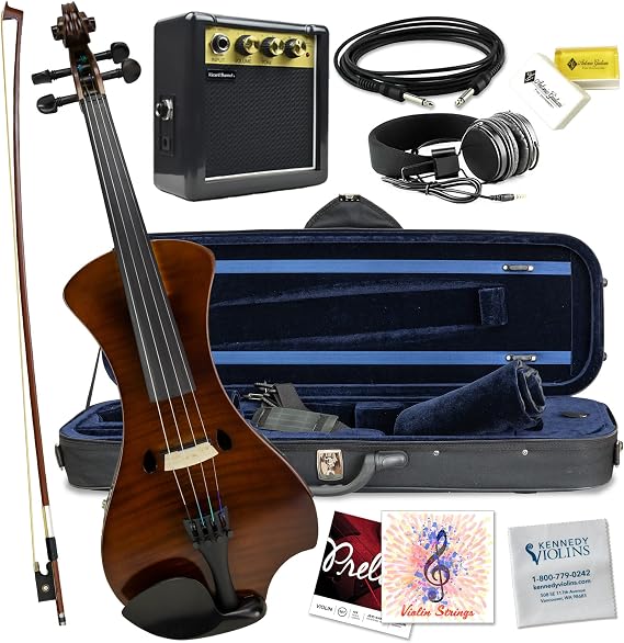 Electric Violin Bunnel NEXT (Clear) Outfit 4/4 Full Size (CARAMEL) With Carrying Case and Accessories - Headphone - Jack Mini Amp - Piezo Ceramic Pick-Up - from Kennedy Violins