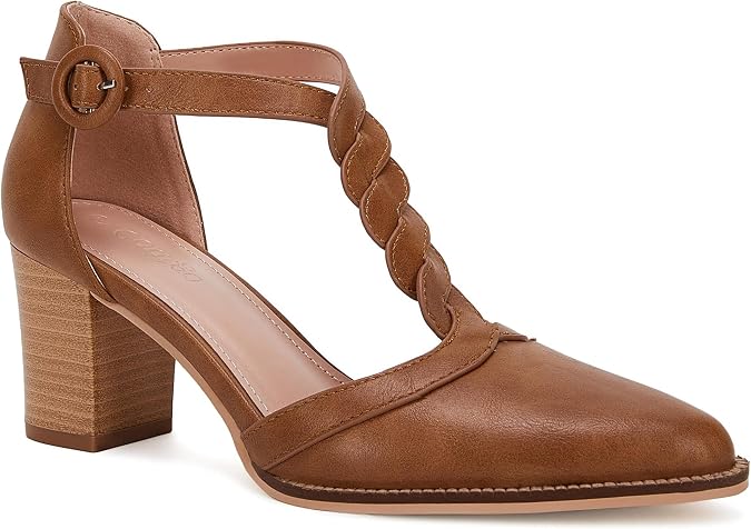 Coutgo Womens Block Chunky Heels T Strap Pointed Toe Work Dress Shoes