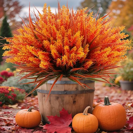 Geegoods 48 Bundles Artificial Fall Lavender Flowers Outdoor, Autumn-Orange | UV Resistant Plastic Faux Plants with Monkey Grass;Use for Garden Porch Patio Hanging Planter Home Decor