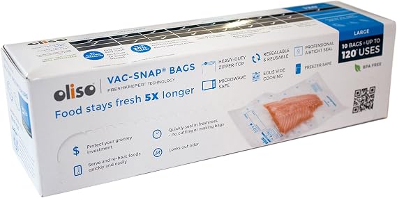 Oliso Pro VAC-SNAP Food Storage Bags for Oliso Vacuum Sealers (Large, 1 Gallon, 10 Bags)
