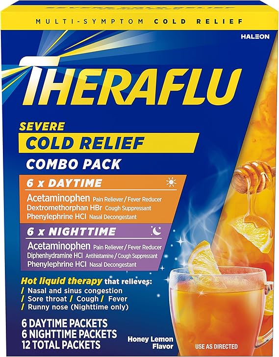 Theraflu Combo Daytime and Nighttime Severe Cold Relief Powder, Honey Lemon Flavor, 12 Count, 6 Daytime and 6 Nighttime