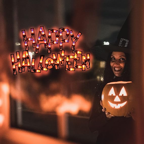 17" Lighted Happy Halloween Halloween Window Silhouette Decoration,Halloween Lighted Window Decoration,Hanging Light Up Holiday Ornament(Happy Halloween)