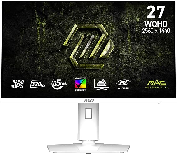 msi MAG 274QRFW X32 27-inch 2560 x 1440 (QHD) Gaming Monitor, 320Hz, AMD FreeSync Premium, NVIDIA G-SYNC Compatible, HDR Ready, HDMI, VGA Port, VESA, Tilt, 0.5ms, White
