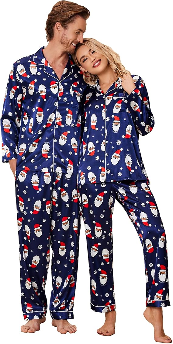 Ekouaer Couples Matching Pajamas Silk Long Sleeve Sleepwear Satin Pjs Set