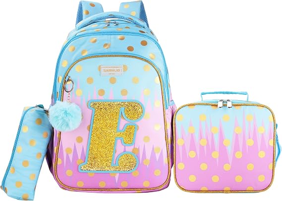 Girls Backpack with Lunch Box for Elementary School, 16 Inch School Backpack for Girls with Letter E Sparkling Sequin