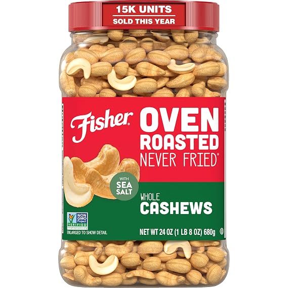 Fisher Oven Roasted Never Fried Whole Cashews, 24 Ounces | Pack Of 1, Snacks For Adults, Made With Sea Salt, No Added Oils, No Artificial Ingredients Or Preservatives, Gluten Free