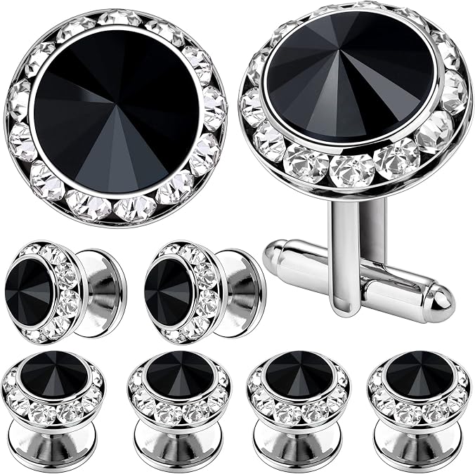 AMITER Crystal Cufflinks and Tuxedo Studs for Men, Cuff Links Suits for Shirt Formal Dress Business Wedding Anniversary
