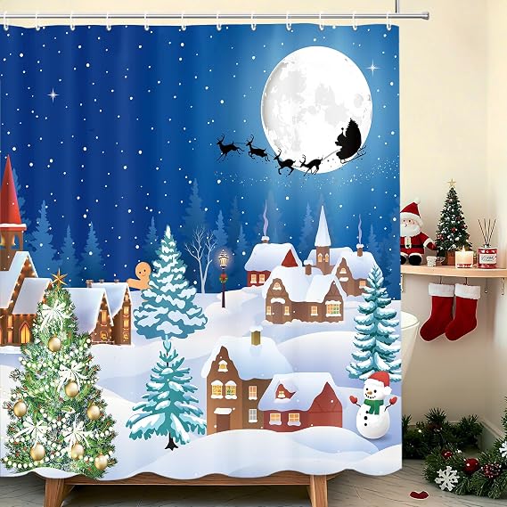 MEHOFOND Christmas Shower Curtain,Blue Christmas Shower Curtainfor Bathroom,Winter Season Snowman Xmas Tree Santa Merrry Xmas Holiday Bathroom Decor with 12 Hooks,72x72 in