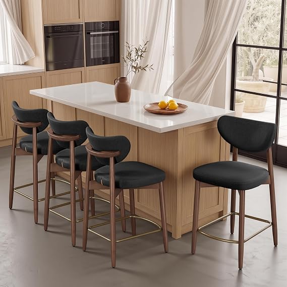 VASAGLE Wooden Bar Stools Set of 4, Synthetic Leather, Ink Black