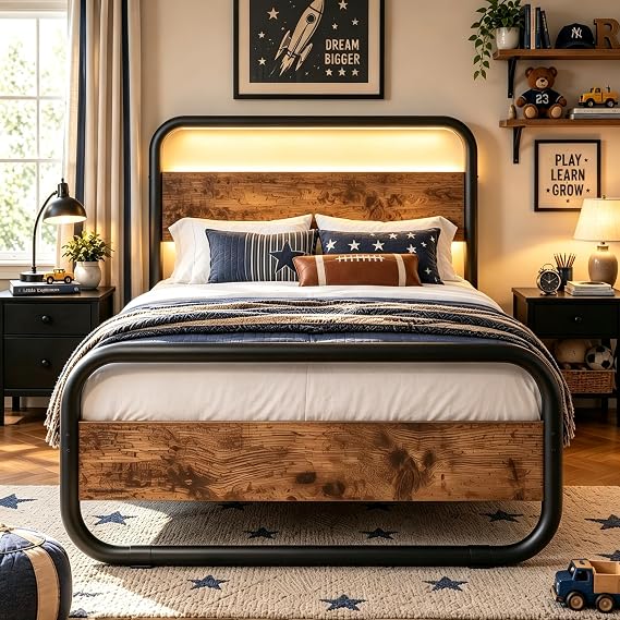 Twin Bed Frames with Wood Headboard, Metal Platform Twin Bed Frame, Brown